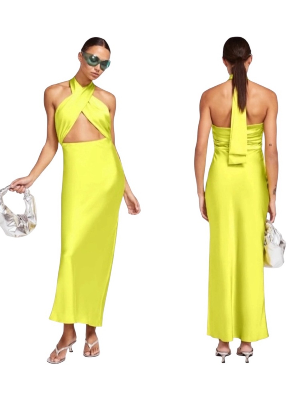 SIMON MILLER Satin Halter Chartreuse Prom Wedding Guest Long Slip Dress 10 - Picture 2 of 12
